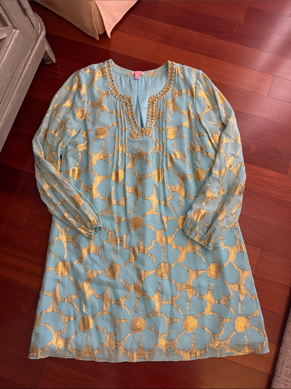 Lilly Pulitzer Aqua and Gold Embellished Long Sleeve Dress